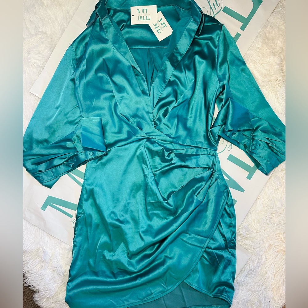 Elegant Teal Satin Wrap Dress